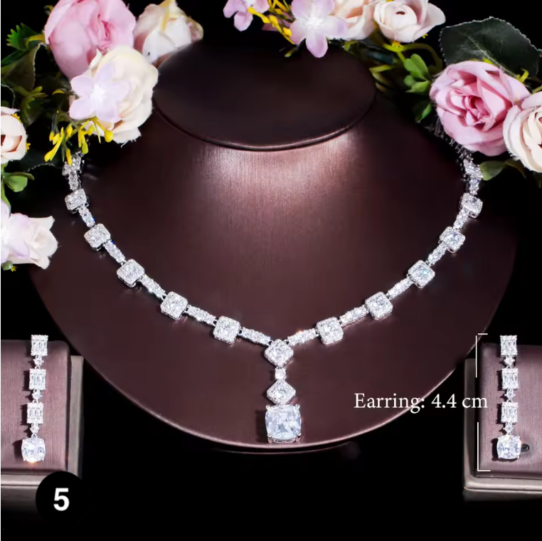 Luxury CZ Crystal Necklace & Earrings Set – Elegant Silver Plated Jewelry for Women | Perfect for Parties, Weddings & Special Occasions