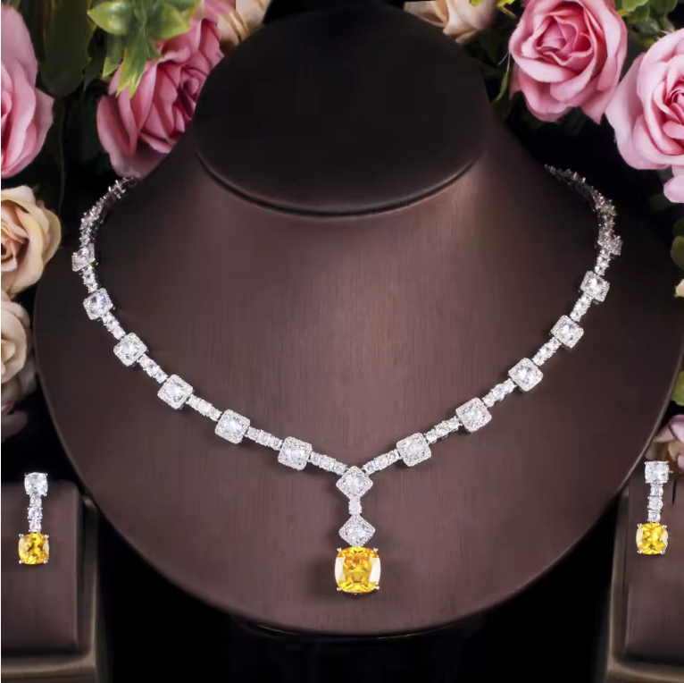 Luxury CZ Crystal Necklace & Earrings Set – Elegant Silver Plated Jewelry for Women | Perfect for Parties, Weddings & Special Occasions
