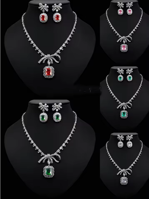 Luxury Zirconia Necklace & Earrings Set – Elegant Bow Design