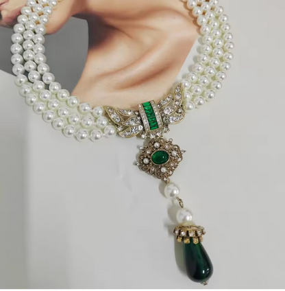 Royal Pearl Jewelry Set with Green Stone Accents