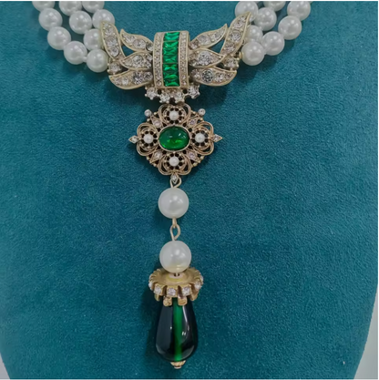 Royal Pearl Jewelry Set with Green Stone Accents