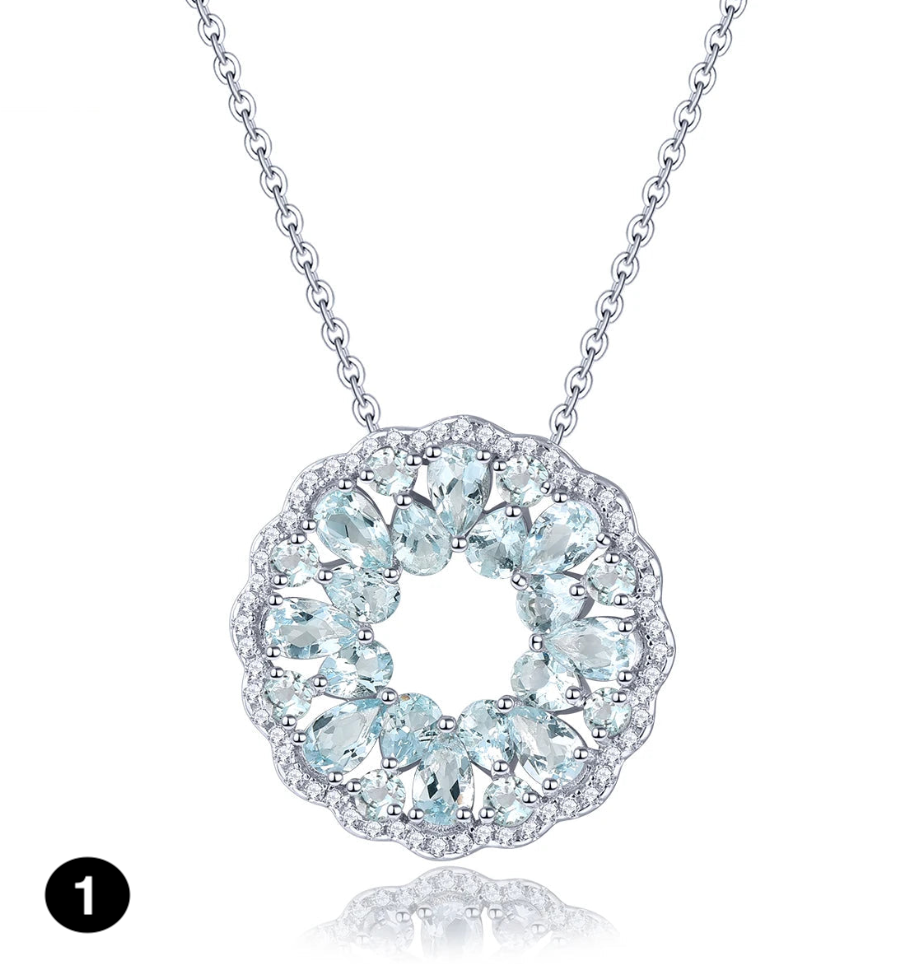 Luxury Aquamarine Circle Pendant – 925 Sterling Silver, Light Blue Sparkle