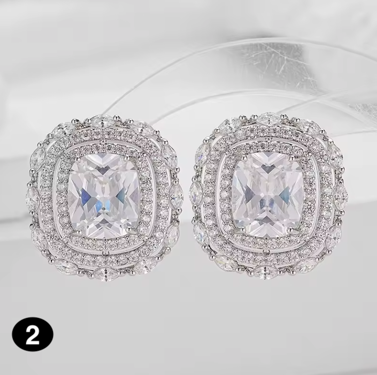 Luxury Square Zircon Stud Earrings – Elegant Silver-Plated Jewelry for Women, Weddings & Parties
