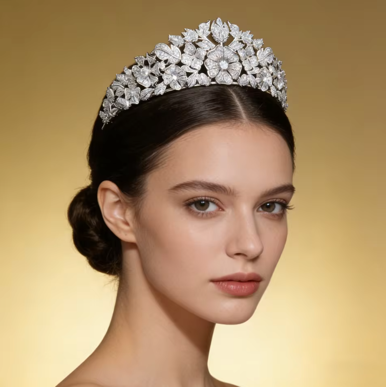 Royal Floral Bridal Tiara – Luxury Cubic Zirconia Crown for Weddings & Special Occasions