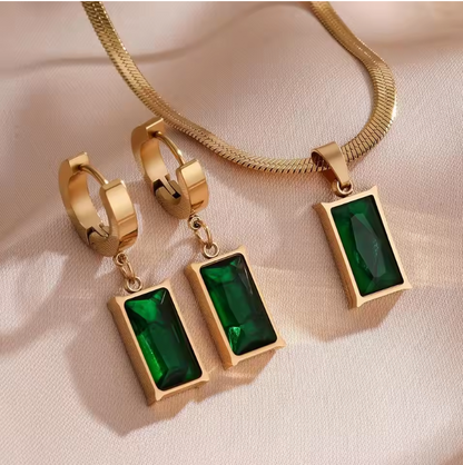 Emerald Green Stainless Steel Set – Necklace & Earrings