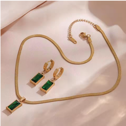 Emerald Green Stainless Steel Set – Necklace & Earrings