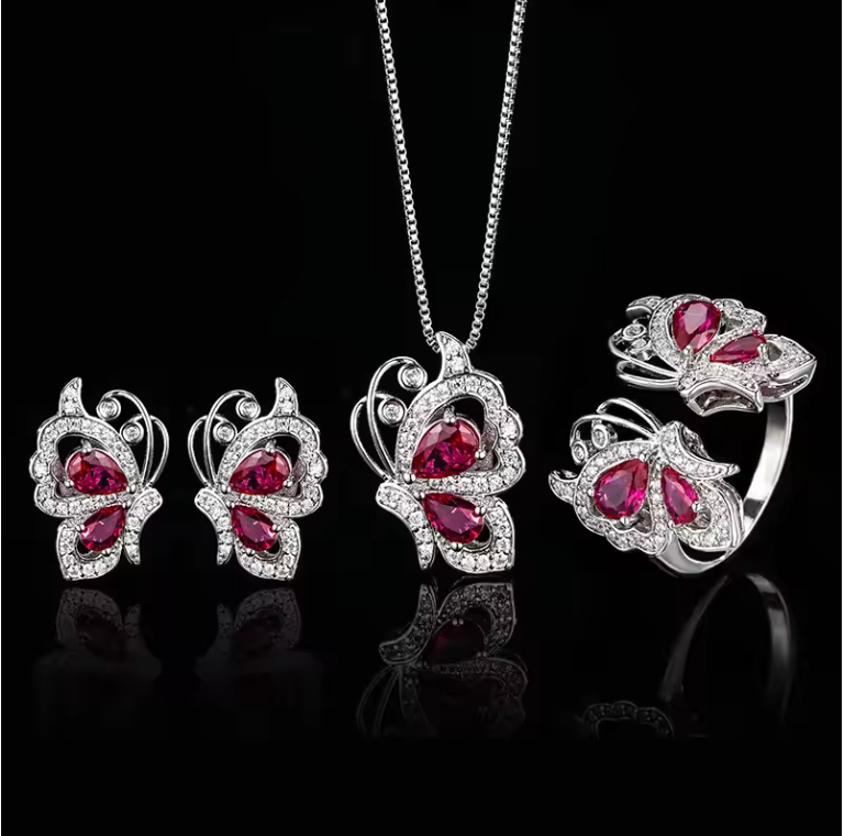 Luxury Ruby Butterfly Zircon Jewelry Set – Necklace Earrings & Ring