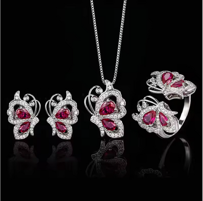 Luxury Ruby Butterfly Zircon Jewelry Set – Necklace Earrings & Ring
