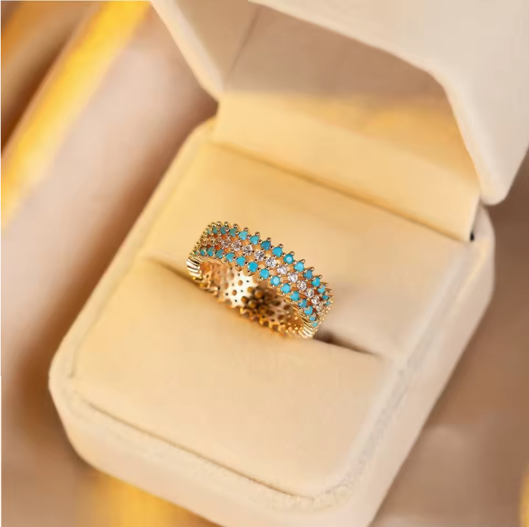 Gold Turquoise & Zircon Ring for Women