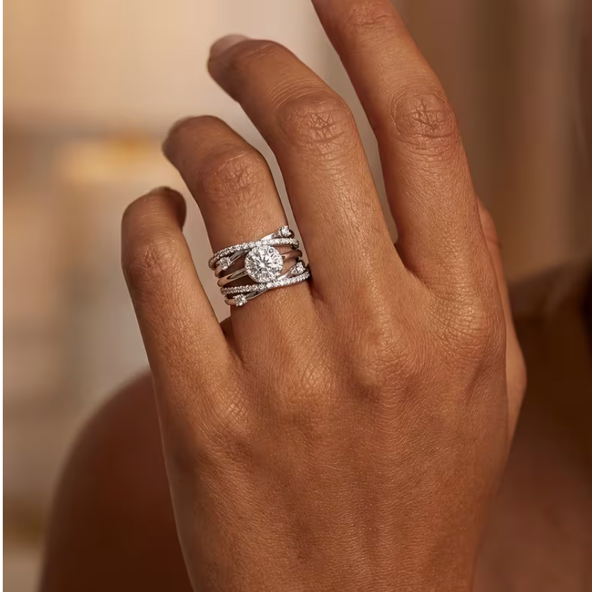 Luxury 925 Sterling Silver Statement Ring – Sparkling Multi-Band CZ Design for Women