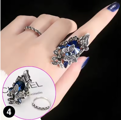 Elegant Blue Pearl Butterfly Ring – Artistic Floral Design for Women