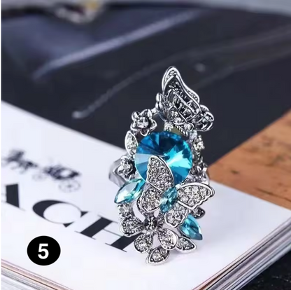 Elegant Blue Pearl Butterfly Ring – Artistic Floral Design for Women