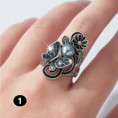 Elegant Blue Pearl Butterfly Ring – Artistic Floral Design for Women