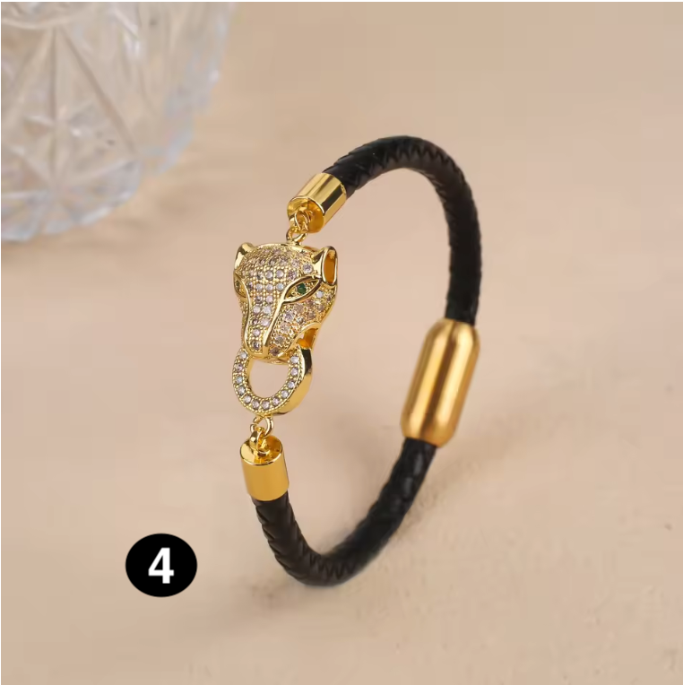 Luxury Leather Bracelet with Zircon Charm – Stainless Steel Magnetic Clasp
