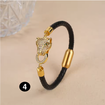 Luxury Leather Bracelet with Zircon Charm – Stainless Steel Magnetic Clasp