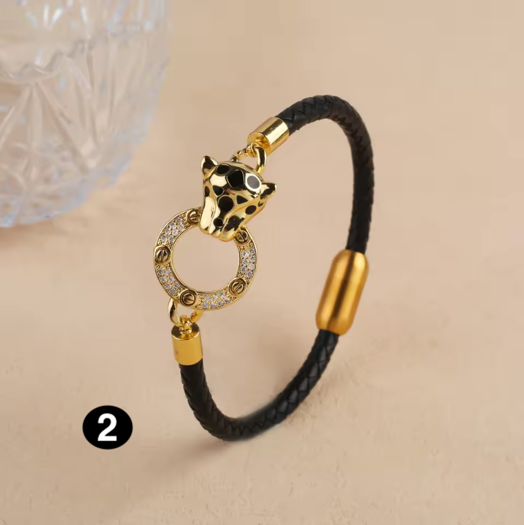 Luxury Leather Bracelet with Zircon Charm – Stainless Steel Magnetic Clasp