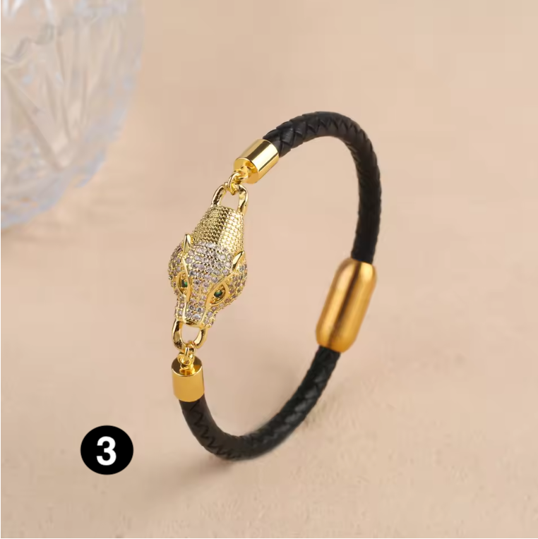 Luxury Leather Bracelet with Zircon Charm – Stainless Steel Magnetic Clasp