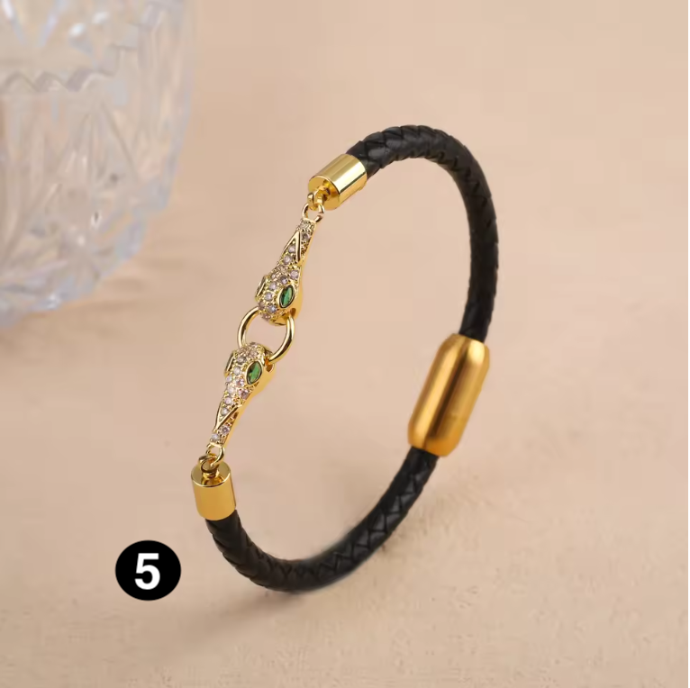 Luxury Leather Bracelet with Zircon Charm – Stainless Steel Magnetic Clasp