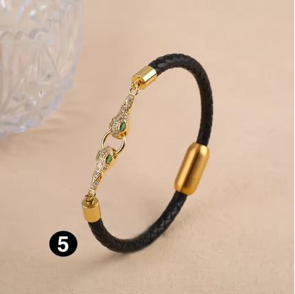 Luxury Leather Bracelet with Zircon Charm – Stainless Steel Magnetic Clasp