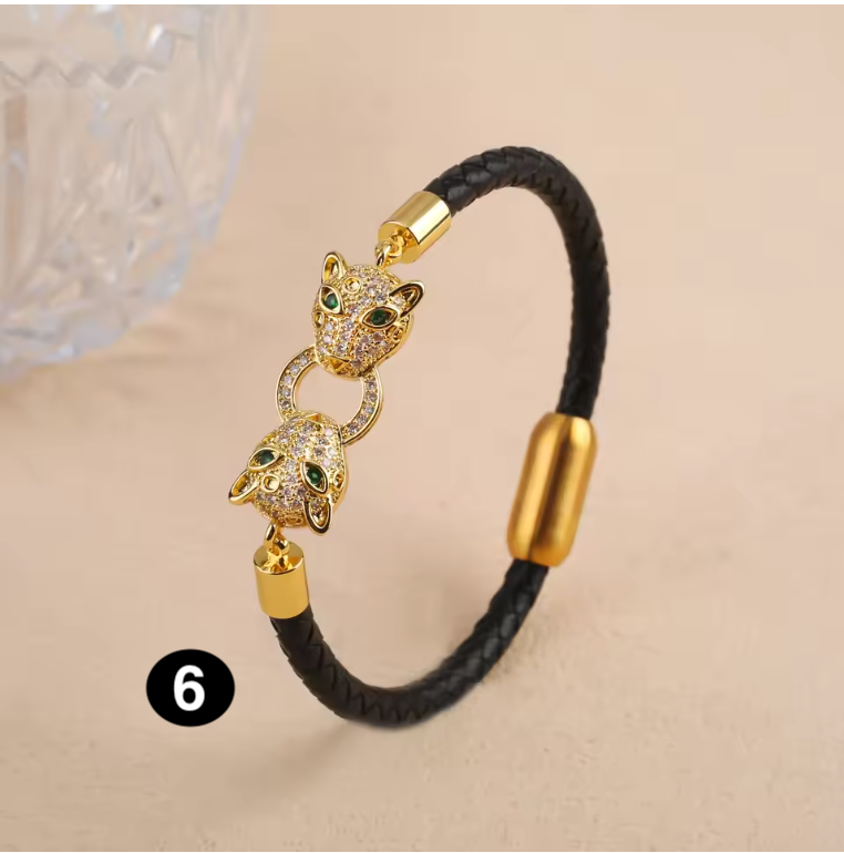 Luxury Leather Bracelet with Zircon Charm – Stainless Steel Magnetic Clasp