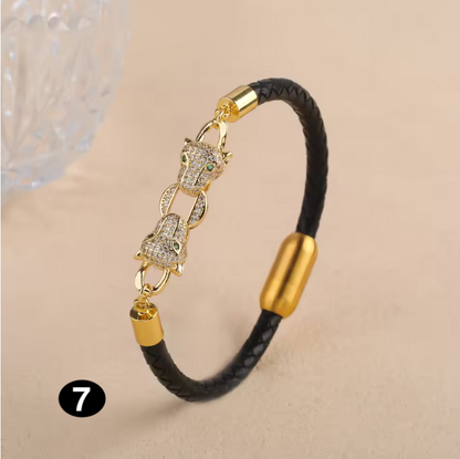 Luxury Leather Bracelet with Zircon Charm – Stainless Steel Magnetic Clasp