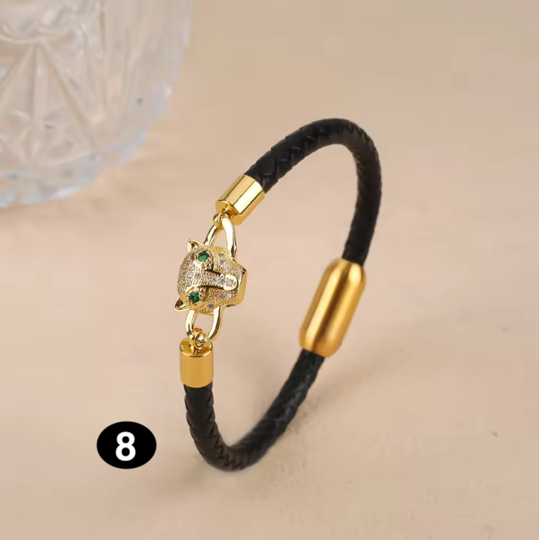 Luxury Leather Bracelet with Zircon Charm – Stainless Steel Magnetic Clasp