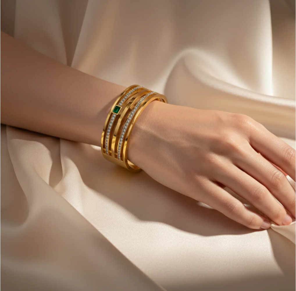 Gold Plated Stainless Steel Zircon Bangle Bracelet