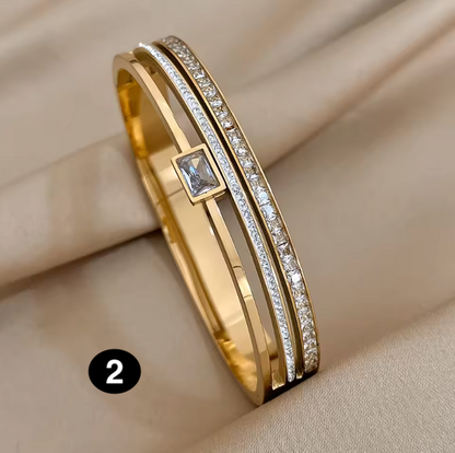 Gold Plated Stainless Steel Zircon Bangle Bracelet