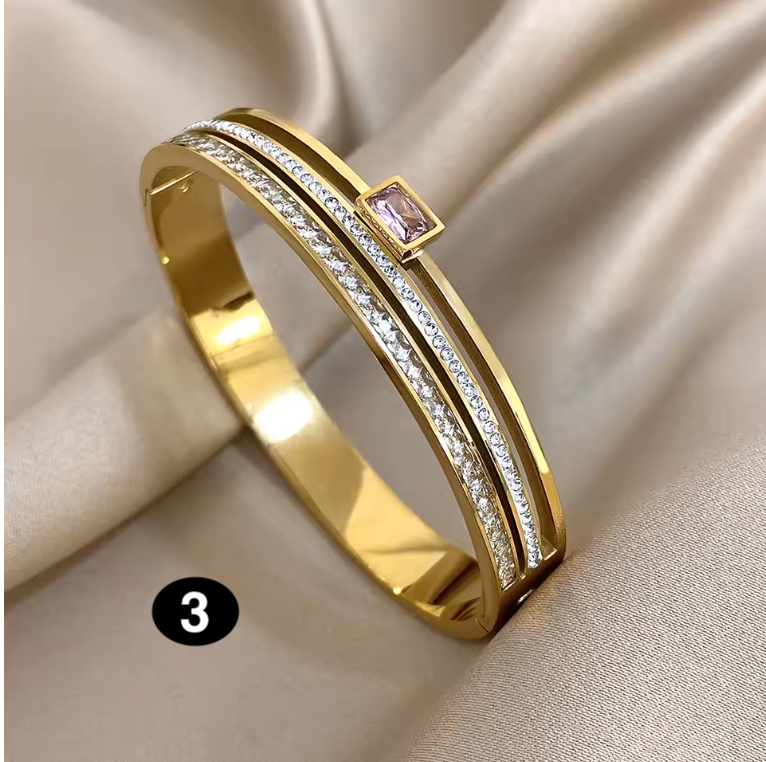 Gold Plated Stainless Steel Zircon Bangle Bracelet