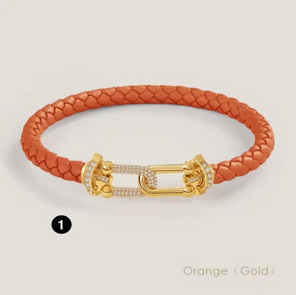 Braided Leather Bracelet with Zircon Gold Clasp