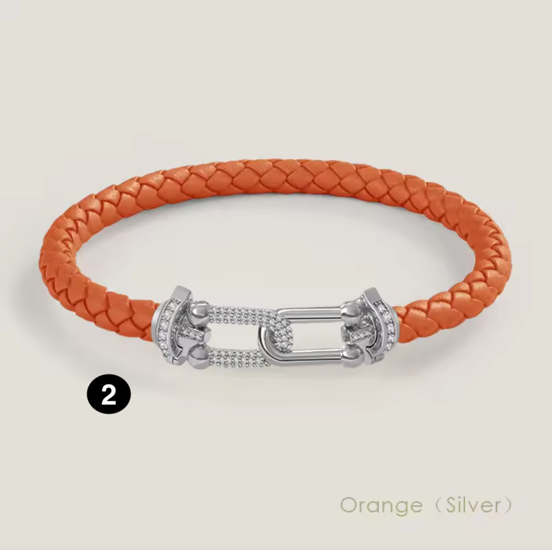 Braided Leather Bracelet with Zircon Gold Clasp