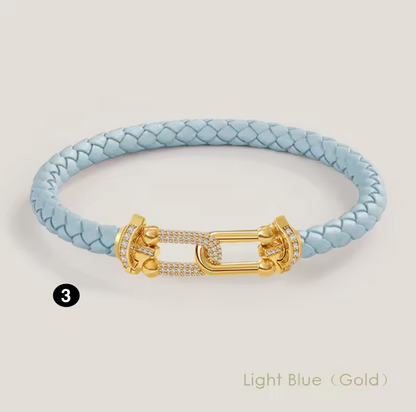 Braided Leather Bracelet with Zircon Gold Clasp