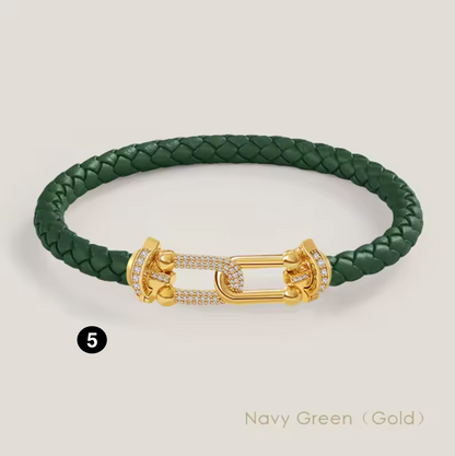 Braided Leather Bracelet with Zircon Gold Clasp