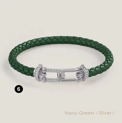 Braided Leather Bracelet with Zircon Gold Clasp