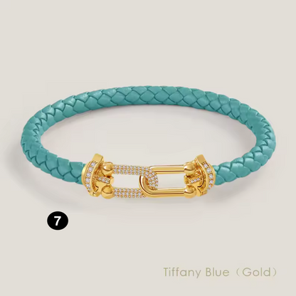 Braided Leather Bracelet with Zircon Gold Clasp