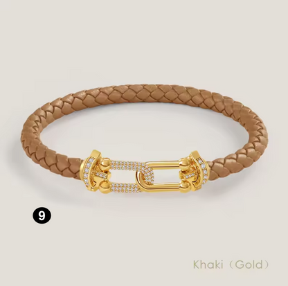Braided Leather Bracelet with Zircon Gold Clasp