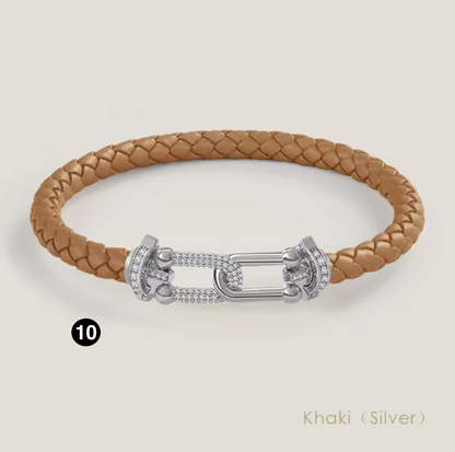Braided Leather Bracelet with Zircon Gold Clasp
