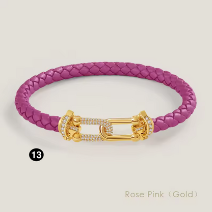 Braided Leather Bracelet with Zircon Gold Clasp