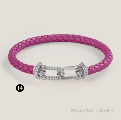 Braided Leather Bracelet with Zircon Gold Clasp