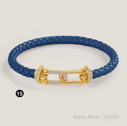 Braided Leather Bracelet with Zircon Gold Clasp