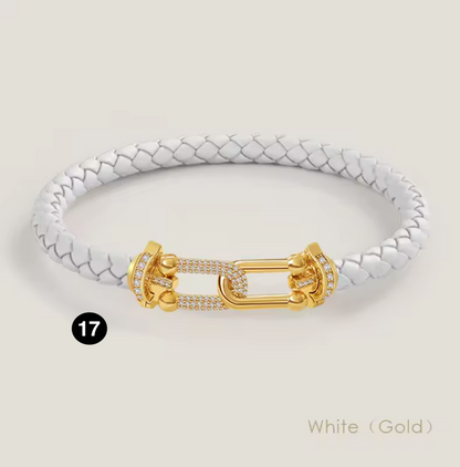 Braided Leather Bracelet with Zircon Gold Clasp