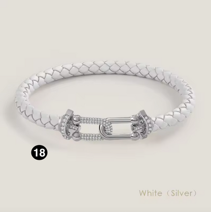 Braided Leather Bracelet with Zircon Gold Clasp