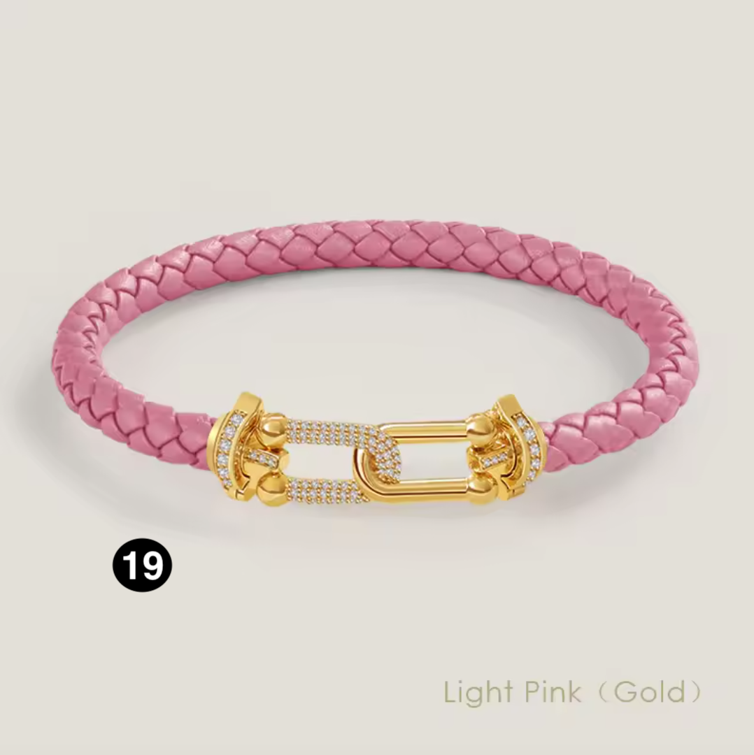 Braided Leather Bracelet with Zircon Gold Clasp