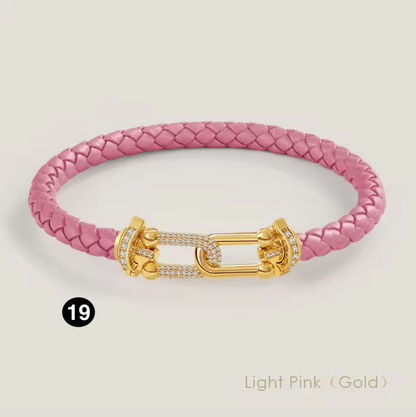 Braided Leather Bracelet with Zircon Gold Clasp