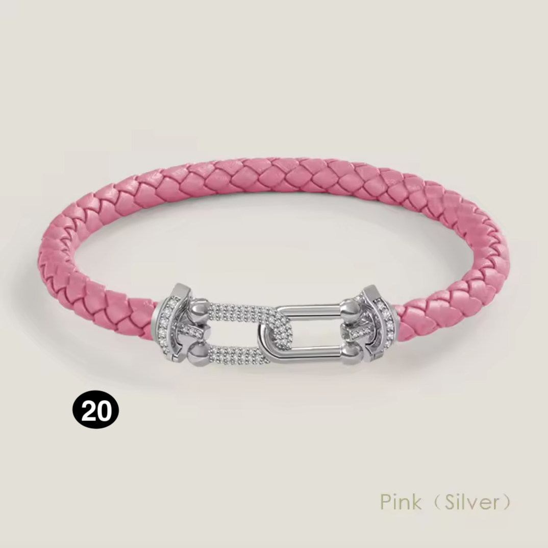Braided Leather Bracelet with Zircon Gold Clasp