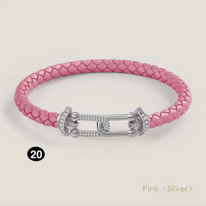 Braided Leather Bracelet with Zircon Gold Clasp