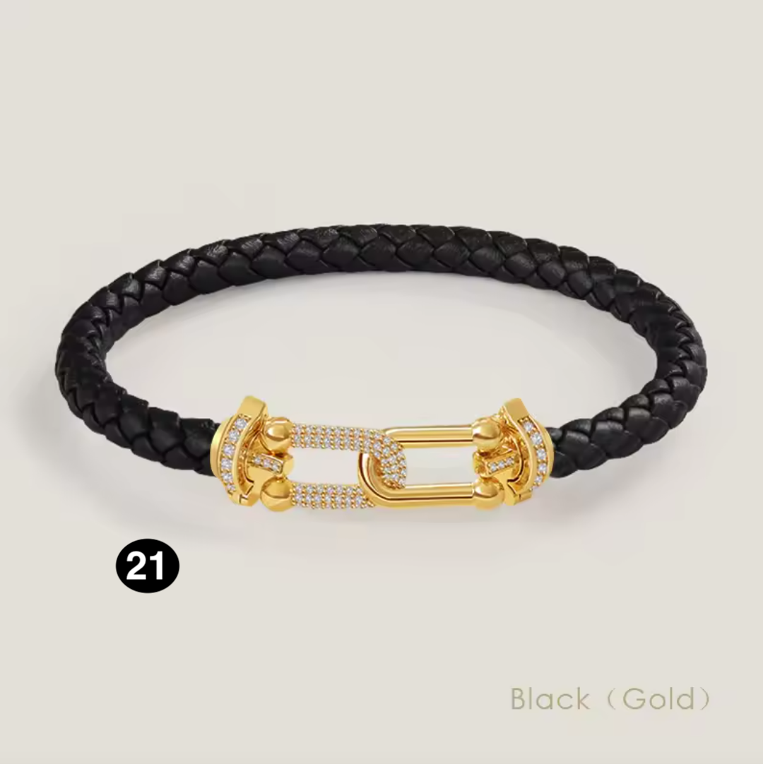 Braided Leather Bracelet with Zircon Gold Clasp