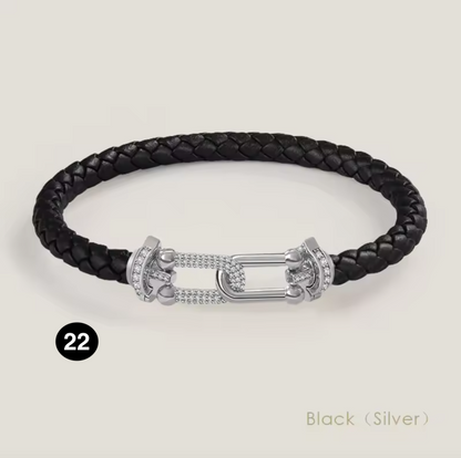 Braided Leather Bracelet with Zircon Gold Clasp