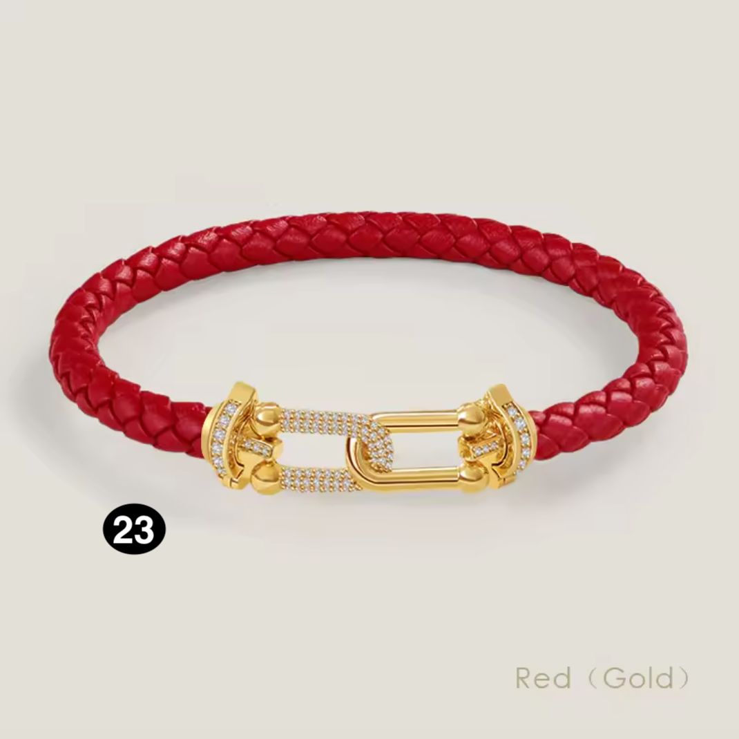 Braided Leather Bracelet with Zircon Gold Clasp