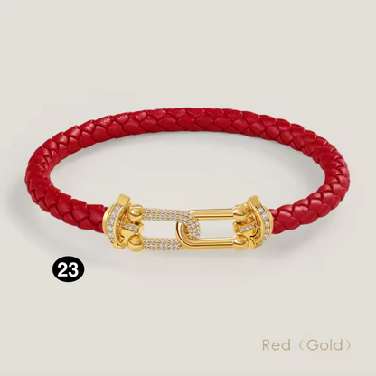Braided Leather Bracelet with Zircon Gold Clasp